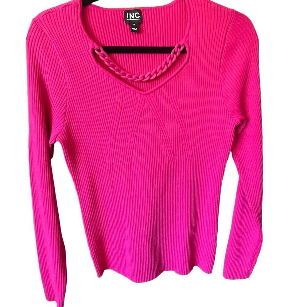 INC Womens Pink Ribbed Knit Braided Detail Pullover Sweater Size XL